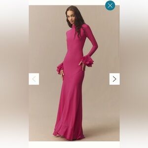 De La Vali Long-Sleeve Fuchsia Maxi Dress with Ruffle Cuffs